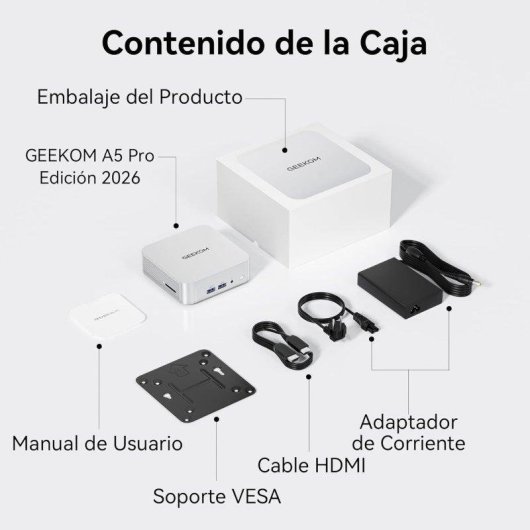Mini PC GEEKOM A5 Pro AMD Ryzen 5 7530U 16GB 512GB SSD Radeon Windows 11 Pro Chasis Metálico