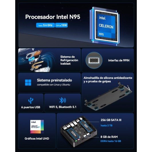 Mini PC GEEKOM Air12 Lite Intel N95 8GB 256GB SSD Gráficos Integrados Listo para Usar Conectividad Industrial