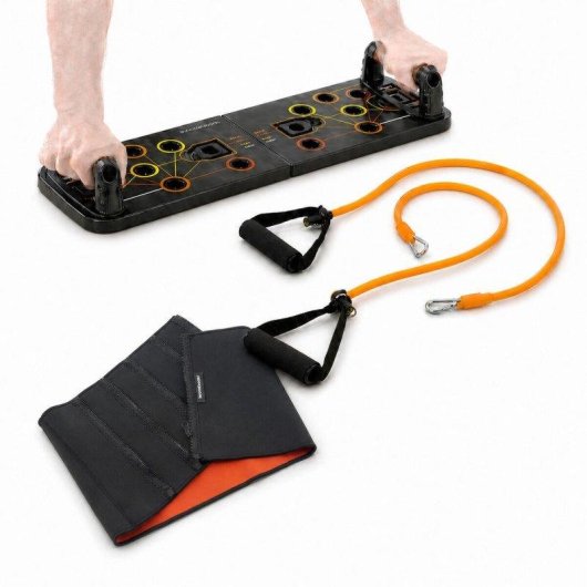 Pack Tabla Flexiones Push-up InnovaGoods con Bandas Resistencia y Faja Deportiva Sauna