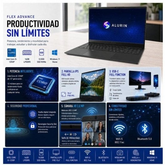 Portátil Alurin Flex Advance Intel Core i5-1250P 15.6" / 16GB / 500GB / Windows Home