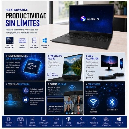 Portátil Alurin Flex Advance Intel Core Ultra 5 115U 15.6" / 16GB / 500GB/ Windows Home