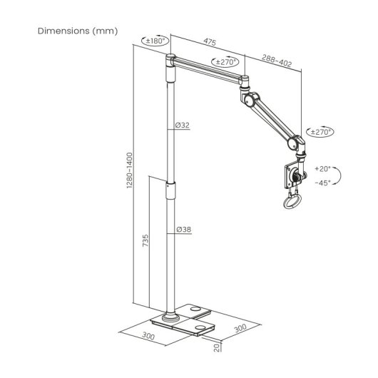 Kimex 016-1604 Suporte Monitor Articulado Chão Médico 17 a 32" VESA Máx 4kg