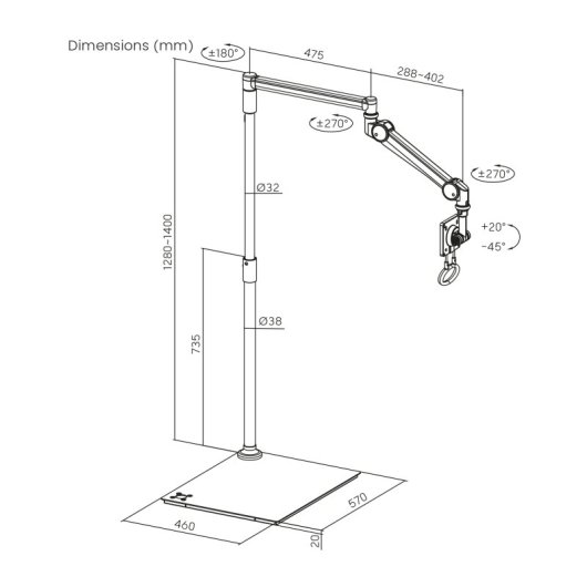 Kimex 016-1605 Suporte Monitor Médico de Chão Articulado 17 a 32" VESA Máx 4kg Base Larga