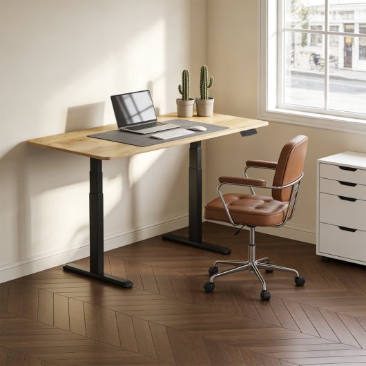 Kimex Escritorio Motorizado Sentado De Pie, 150 X 75 Cm, Tablero Madera Clara Rústica/base Negra