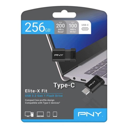 Unidad flash USB PNY Elite-X 256 GB USB Tipo C 3.2 Gen 1 200 MB/s negra