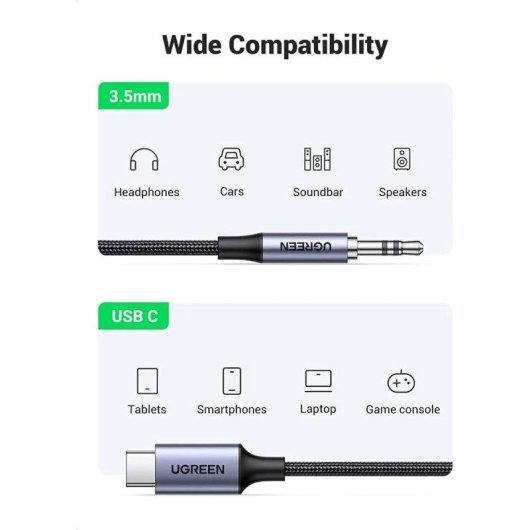 Cable Ugreen USB-C a Jack 3.5mm 1m Negro Plata