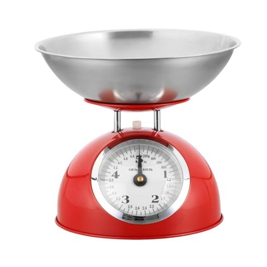 Báscula De Cocina Retro Klack Con Cuenco De Acero Inoxidable 1.8l, Capacidad 5kg, Mecánica De Alta Precisión Y Diseño Vintage Atemporal - Rojo