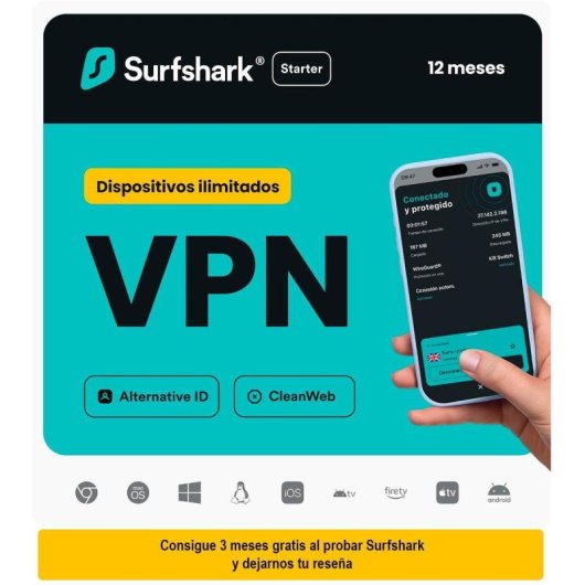 VPN Surfshark Starter, Dispositivos Ilimitados, 12 Meses, Código Digital