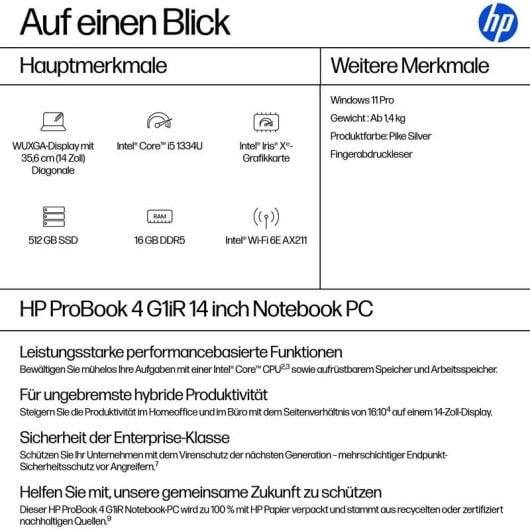 Portátil HP ProBook 4 G1iR 14" Intel Core i5-1334U 16GB Iris Xe 512GB SSD Windows 11 Pro Wi-Fi 6E