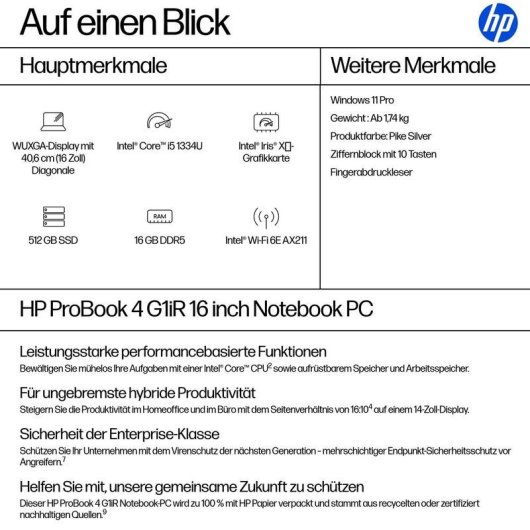 Laptop HP ProBook 4 G1iR 16" Intel Core i5-1334U 16GB 512GB SSD Iris Xe Windows 11 Pro