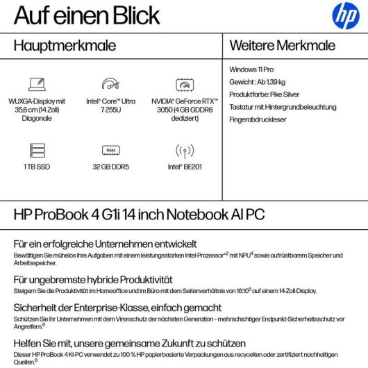 Laptop HP ProBook 4 G1i 14" Intel Core Ultra 7 255U 32GB 1TB SSD Intel Graphics Windows 11 Pro