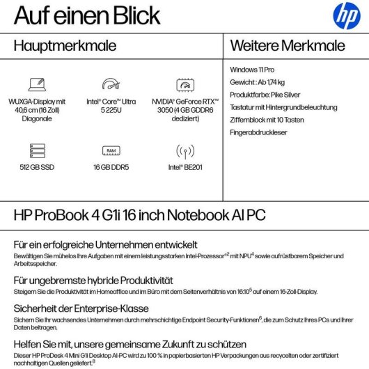HP ProBook 4 G1i 16" Intel Core Ultra 5 225U 16GB Intel Graphics 512GB SSD 16 Zoll WUXGA entspiegelt Windows 11 Pro