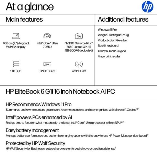 Laptop HP EliteBook 6 G1i AI 16" Intel Core Ultra 7 255U 32GB 1TB SSD Intel Graphics Windows 11 Pro