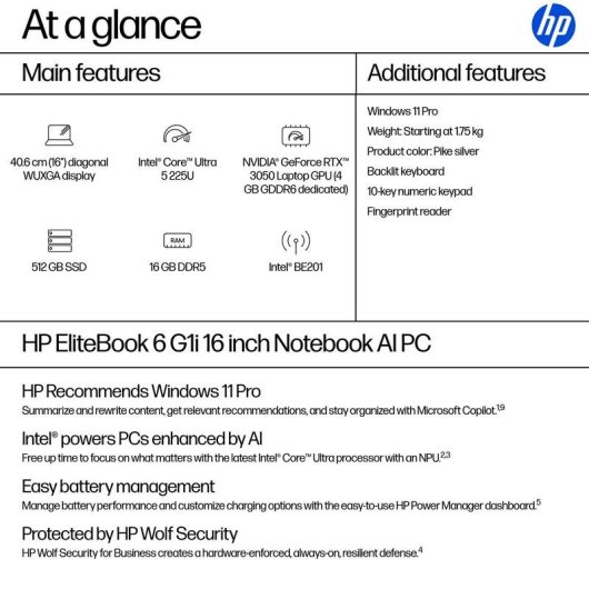 Laptop HP EliteBook 6 G1i AI 16" Intel Core Ultra 5 225U 16GB 512GB SSD Intel Graphics Windows 11 Pro