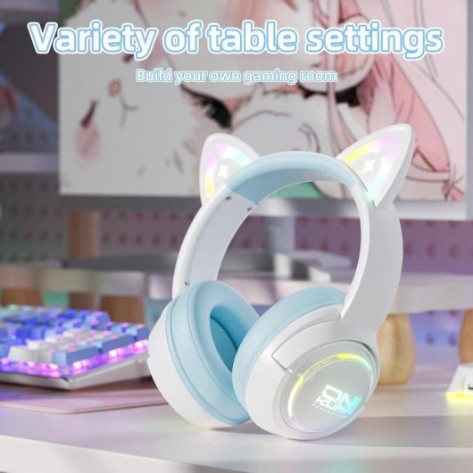 Casque ONIKUMA GT838 sans fil Bluetooth gaming avec micro et éclairage RGB blanc bleu
