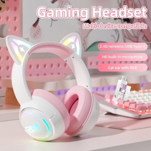 Auriculares ONIKUMA GT838 sem fios Bluetooth gaming com microfone e RGB rosa e branco
