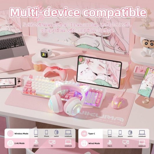 Auriculares ONIKUMA GT838 sem fios Bluetooth gaming com microfone e RGB rosa e branco
