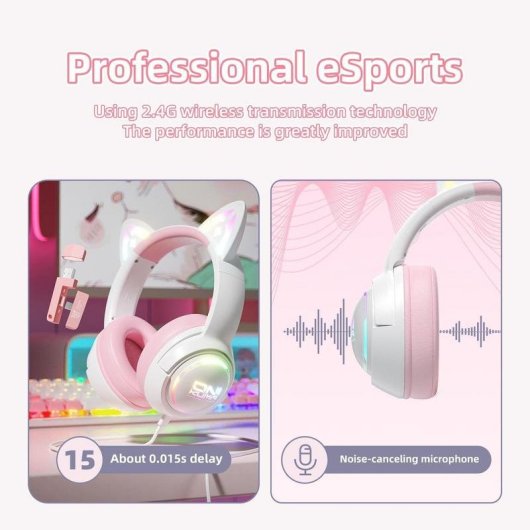 Auriculares ONIKUMA GT838 sem fios Bluetooth gaming com microfone e RGB rosa e branco