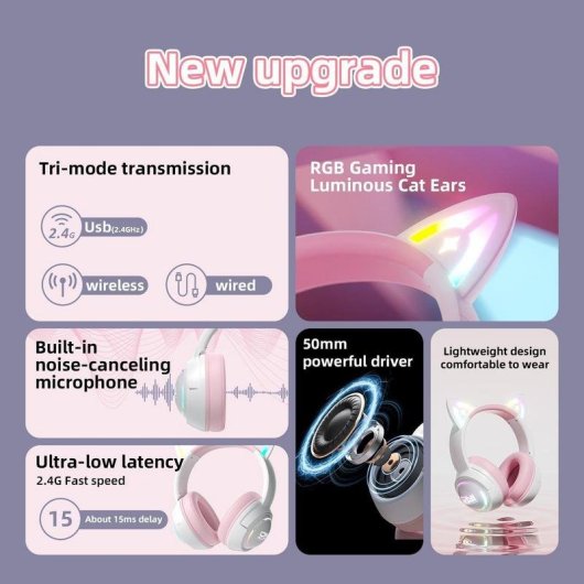 Auriculares ONIKUMA GT838 sem fios Bluetooth gaming com microfone e RGB rosa e branco