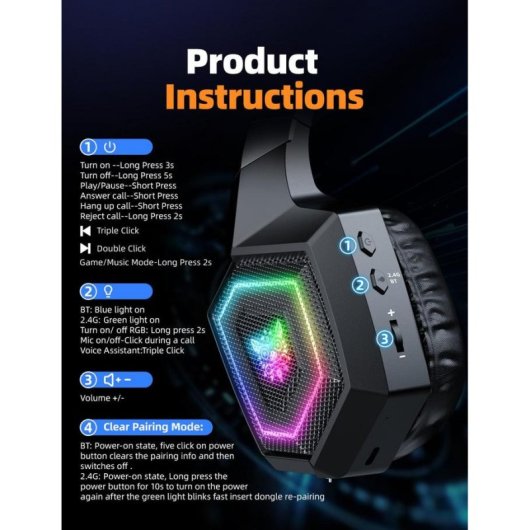 Auriculares ONIKUMA GT806 inalámbricos Bluetooth 5.4 gaming RGB negros