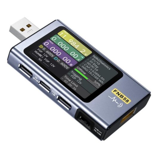 Comprobador de Suministro de Energía FNIRSI FNB58 USB Tipo A LCD Plata