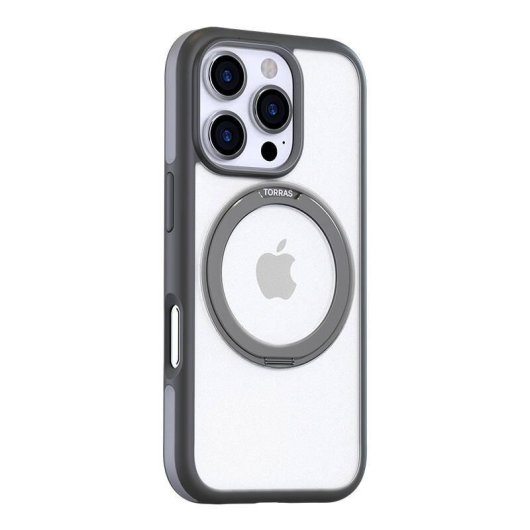 Funda para móvil Torras Ostand R Fusion Cover rígida gris transparente con soporte para iPhone 16 Pro Max