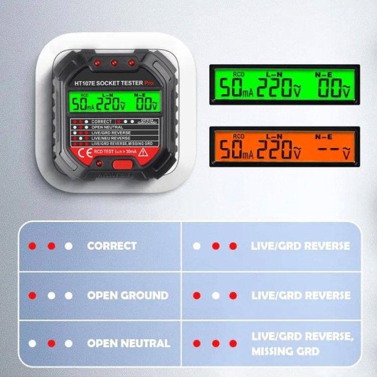 Testador de enchufe europeo Autrucker HT107D Pantalla LCD Prueba RCD 30mA