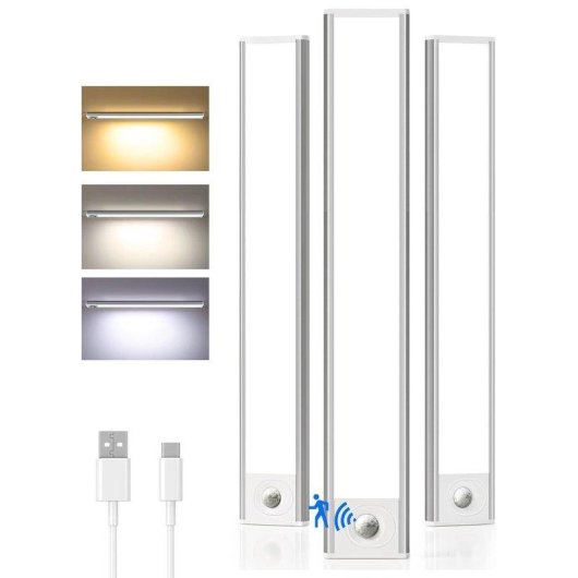 Luce LED Autrucker Pack 3, 40cm, Ricaricabile USB, 3 Livelli di Luminosità, Magnetica