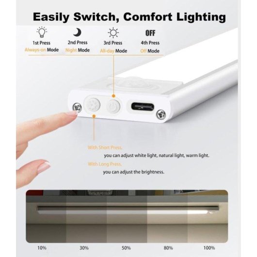 Luce LED Autrucker Pack 3, 40cm, Ricaricabile USB, 3 Livelli di Luminosità, Magnetica