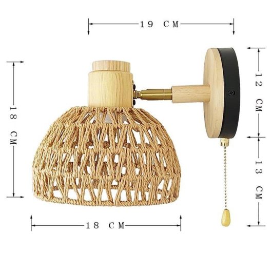 Lampada a Muro Autrucker in Rattano con Interruttore a Catena e Angolo 180° E27