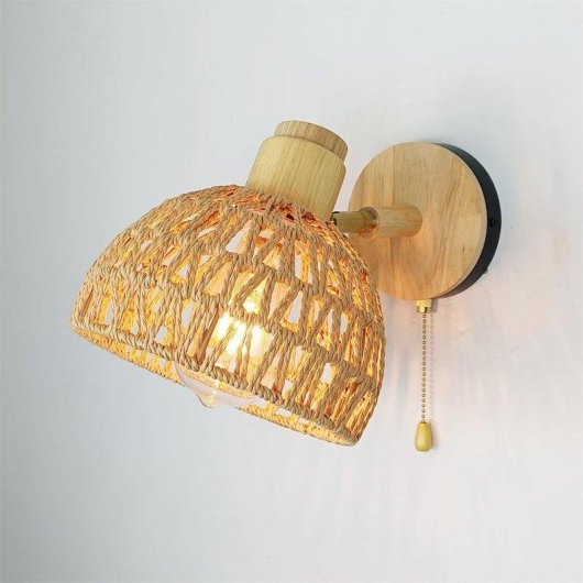 Lampada a Muro Autrucker in Rattano con Interruttore a Catena e Angolo 180° E27