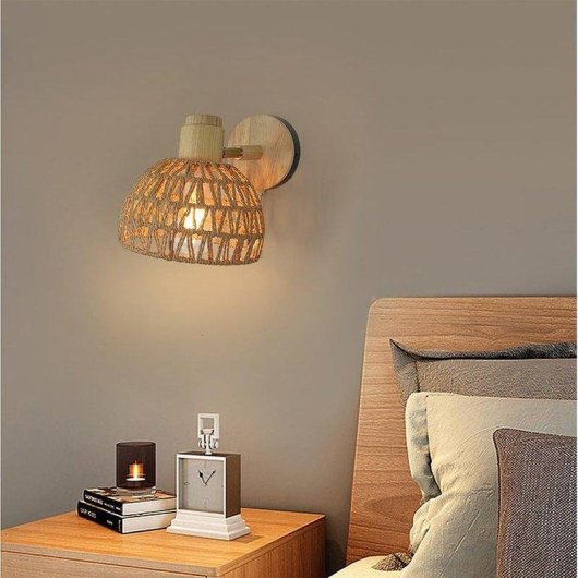 Lampada a Muro Autrucker in Rattano con Interruttore a Catena e Angolo 180° E27