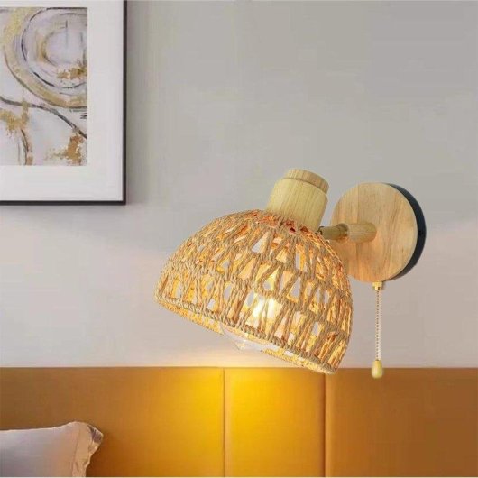 Lampada a Muro Autrucker in Rattano con Interruttore a Catena e Angolo 180° E27