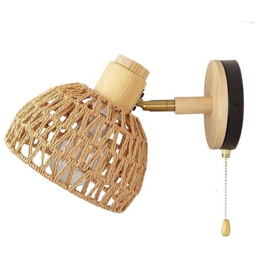 Lampada a Muro Autrucker in Rattano con Interruttore a Catena e Angolo 180° E27