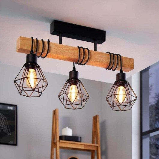 Lámpara Colgante Autrucker Estilo Granja 3 Luces Madera Metal E27