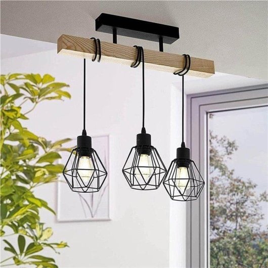 Lámpara Colgante Autrucker Estilo Granja 3 Luces Madera Metal E27