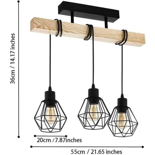 Lámpara Colgante Autrucker Estilo Granja 3 Luces Madera Metal E27