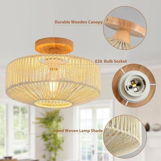 Lámpara Colgante Autrucker Ratán Tejido A Mano E27 Estilo Boho