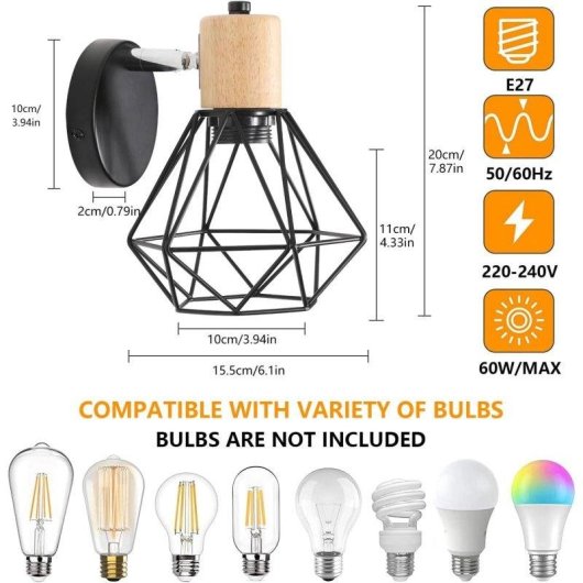 Lampada a Muro Industriale Vintage Autrucker Metal Legno E27 Nero