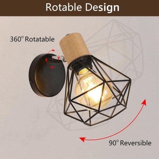 Lampada a Muro Industriale Vintage Autrucker Metal Legno E27 Nero