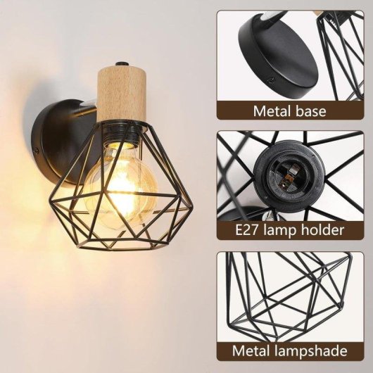 Lampada a Muro Industriale Vintage Autrucker Metal Legno E27 Nero