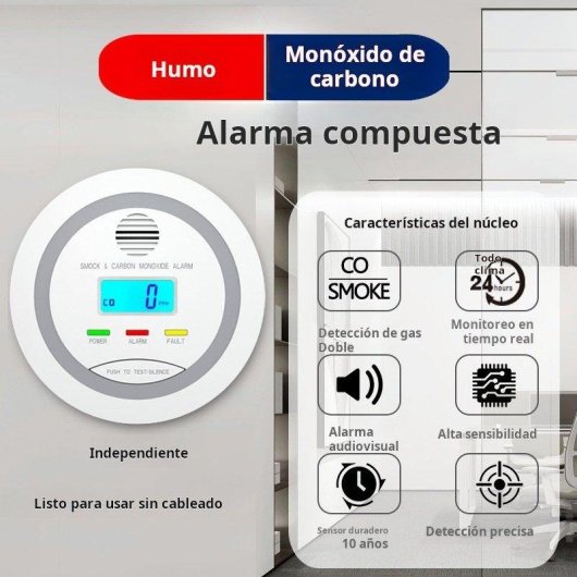 Detector de Humo y Gas Autrucker 2 en 1 Inalámbrico Detección Temprana Alarma LCD