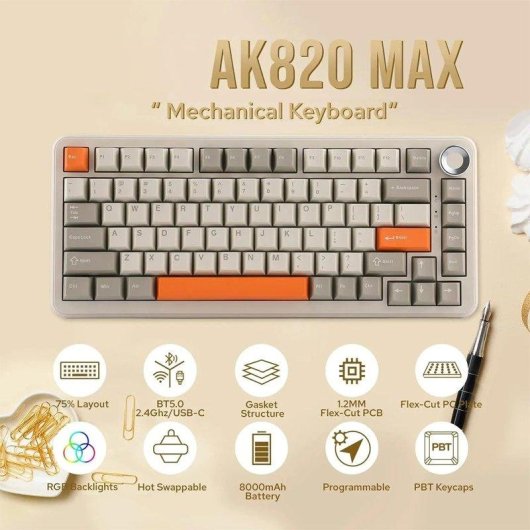 Tastatur Generisch AK820max 75% Kabellos Bluetooth 5.0 2.4G USB-C Hot Swappable RGB
