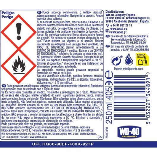 Spray WD-40 Multi-uso Doble Acción 250ml Lubricante Desoxidante Dieléctrico