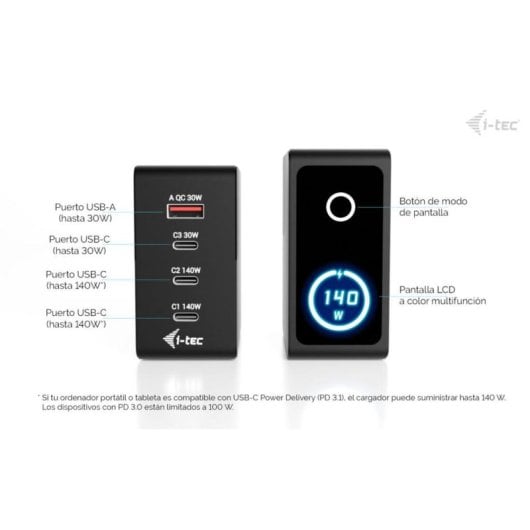 Cargador i-tec 140W Intelligent Multiport USB-C 3x USB-C 1x USB-A