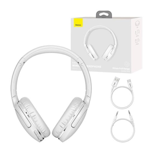 Auriculares Baseus Encok D02 Pro inalámbricos Bluetooth 5.3 con cable, cancelación de ruido, blancos