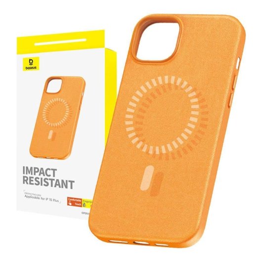 Funda para móvil Baseus Fauxther Cover PU cuero naranja magnética para iPhone 15 Plus