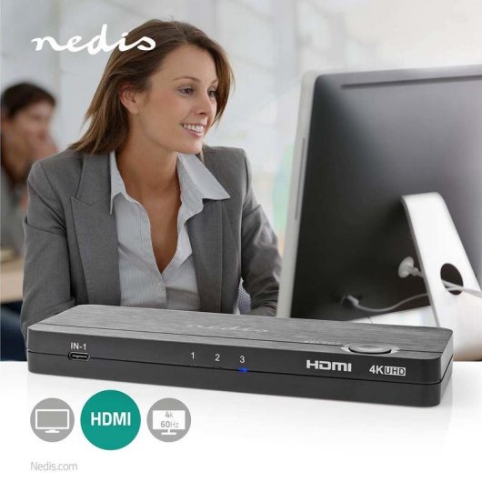 Conmutador KVM Nedis VCON6430AT USB-C HDMI 4K 60Hz 3 Puertos