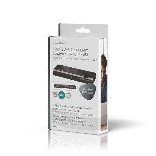 Conmutador KVM Nedis VCON6430AT USB-C HDMI 4K 60Hz 3 Puertos