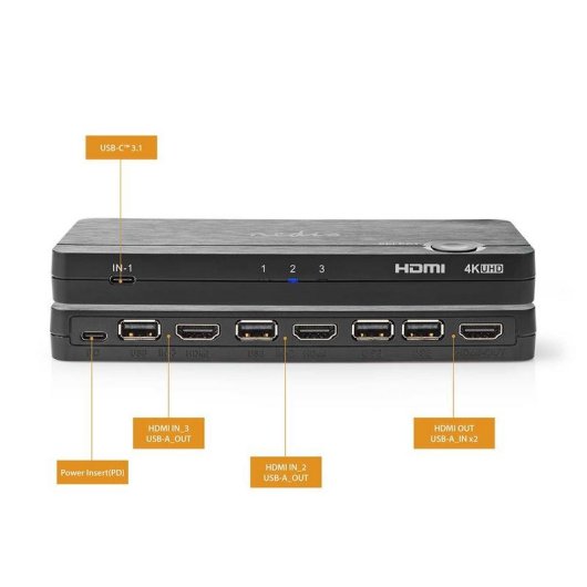 Conmutador KVM Nedis VCON6430AT USB-C HDMI 4K 60Hz 3 Puertos